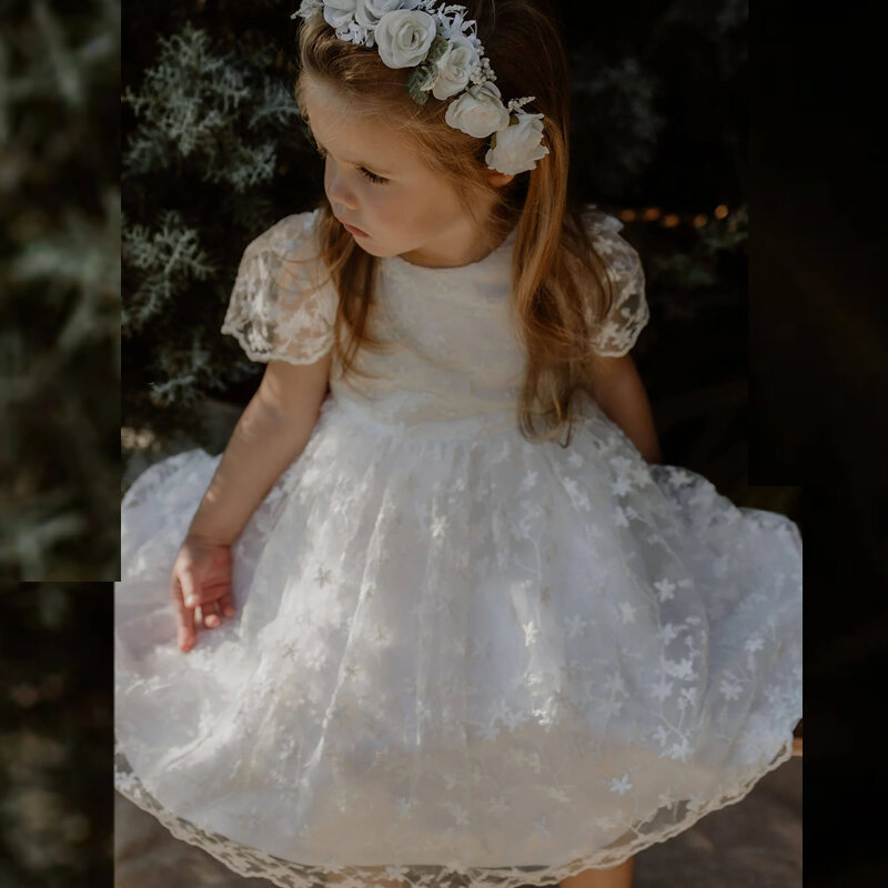 O-Ausschnitt Kurzarm Blumen mädchen Kleid Applikationen Spitze Outfits Kleinkind Mädchen kurze A-Linie Prinzessin Erstkommunion Kleid 2024