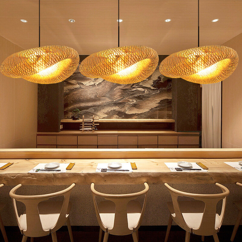 Nowoczesny ręcznie robiony tkane z bambusa LED żyrandol do salonu kuchnia herbaciarnia hotelowa tkane rattanowe lampy wiszące domowe lampki dekoracyjne