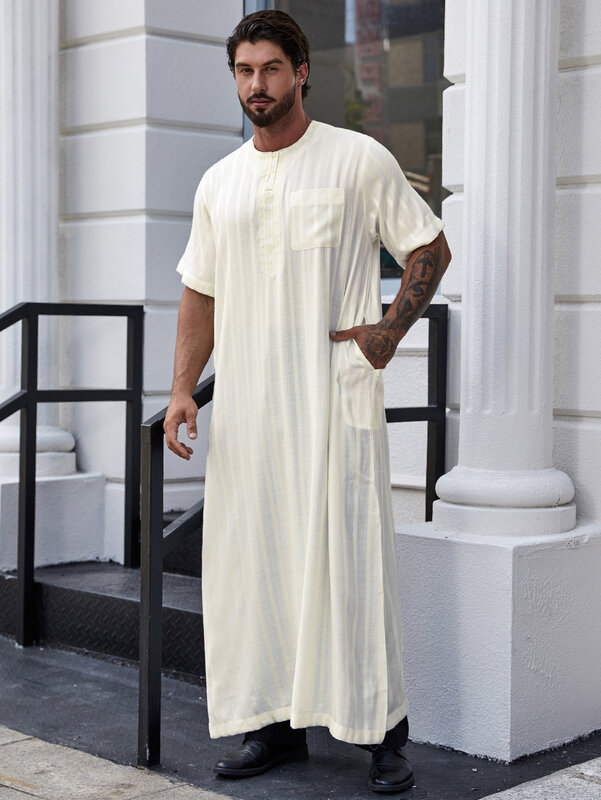 Veste muçulmana elegante para homens, camisa com listras verticais e bolso, Islam Abaya, perfeita para ocasiões casuais e formais, Ramadan