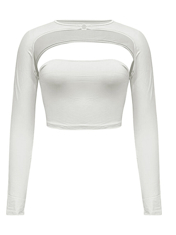 Camiseta com recorte de manga comprida feminina, Crop Tops, sem encosto, slim fit, monocromática, moda casual
