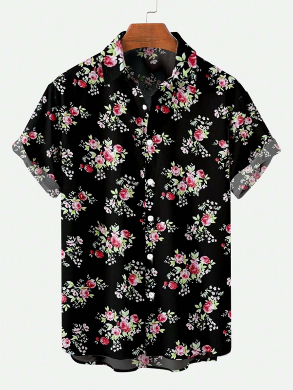 Męska koszula z kwiatowym nadrukiem do noszenia na co dzień Druk 3D Klasyczna koszula z krótkim rękawem Modne koszule hawajskie dla mężczyzn Harajuku