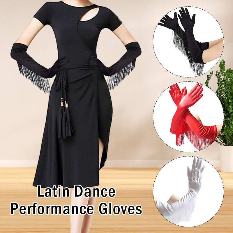 Women Latin Dance Tassel Long Gloves 48cm Long Dinner Party Dress Gloves Elastic Warm Satin Tassel Bridal Gloves Lady Mittens