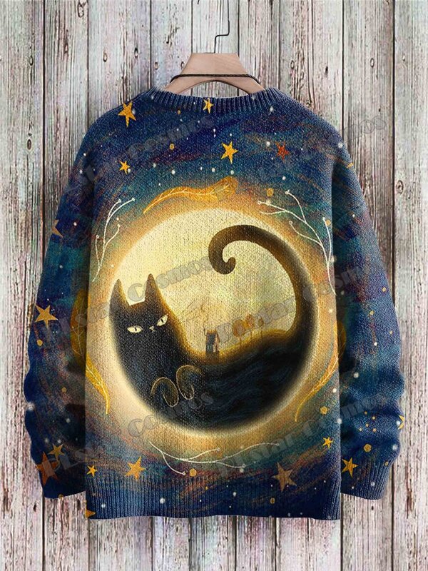 Funny Colorful Abstract Cat Art Pattern 3D Printed Men's Knitted Pullover Winter Unisex Casual Knit Pullover Sweater ZZM49