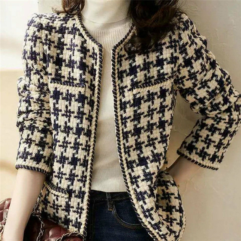 새로운 빈티지 스타일의 세련된 트위드 모직 긴 소매 코트 여성용, 두꺼운 기질 재킷, 한국 패션, 가을 겨울 외투