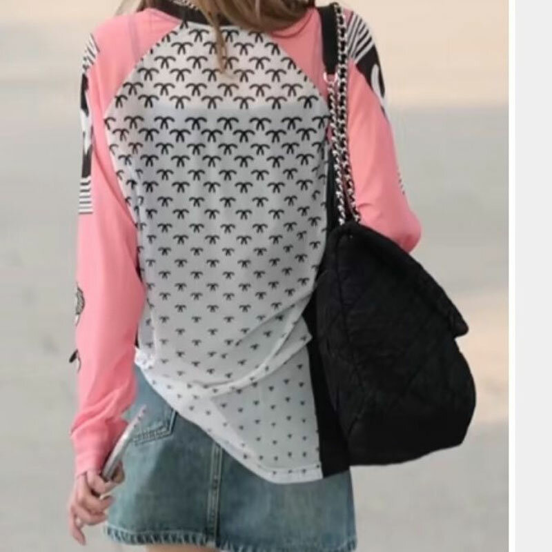 Jersey de manga larga con letras pintadas a mano para mujer, retales de gasa con estilo, camiseta informal elástica con cuello redondo, primavera y verano
