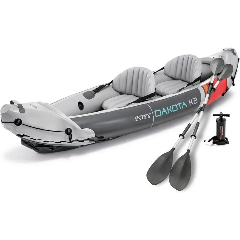 Dakota K2 2 Person Inflatable Vinyl Kayak and Accessory Kit with 86 Inch Oars, Air Pump, and Carry Bag for Lakes and Rivers