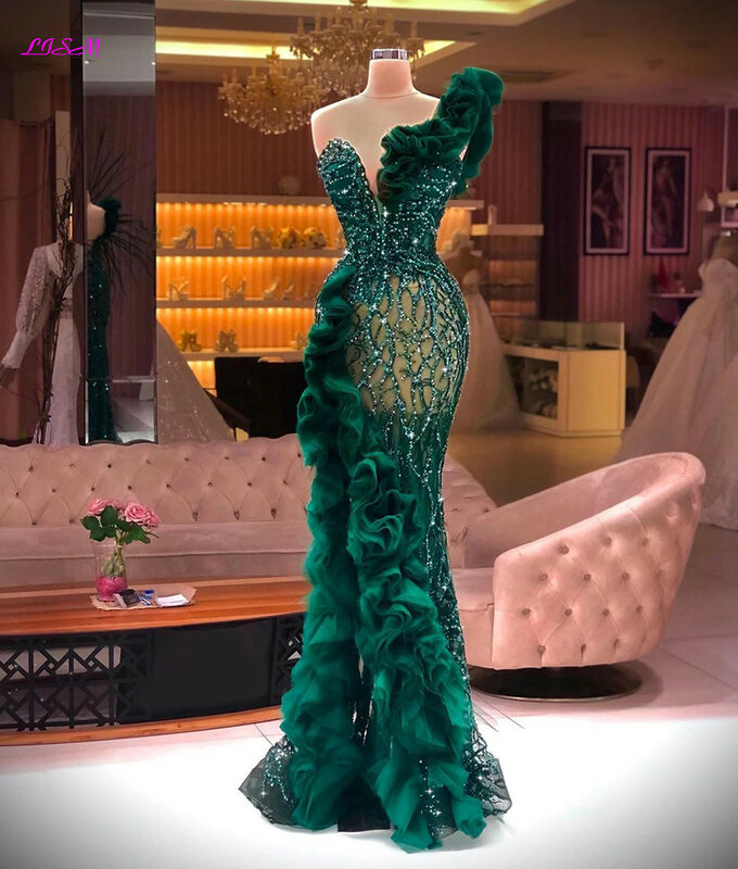 LISM luksusowe zroszony aplikacje Mermaid suknie wieczorowe eleganckie boczne rozcięcie Ruffles tiulowa sukienka na studniówkę błyszczące cekiny formalne suknie