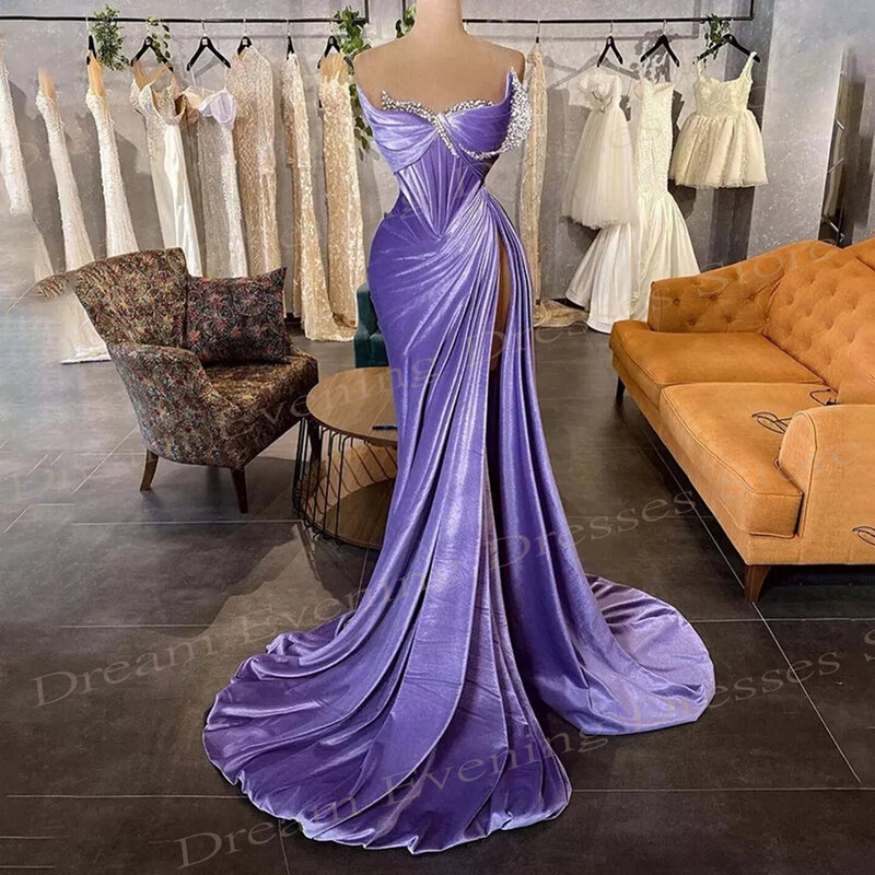 Dubaj arabski elegancki bez ramiączek syrenka fioletowe suknie wieczorowe plisowane seksowne wysokie rozcięcie kobiety na imprezę bal suknie Vestidos De Festa