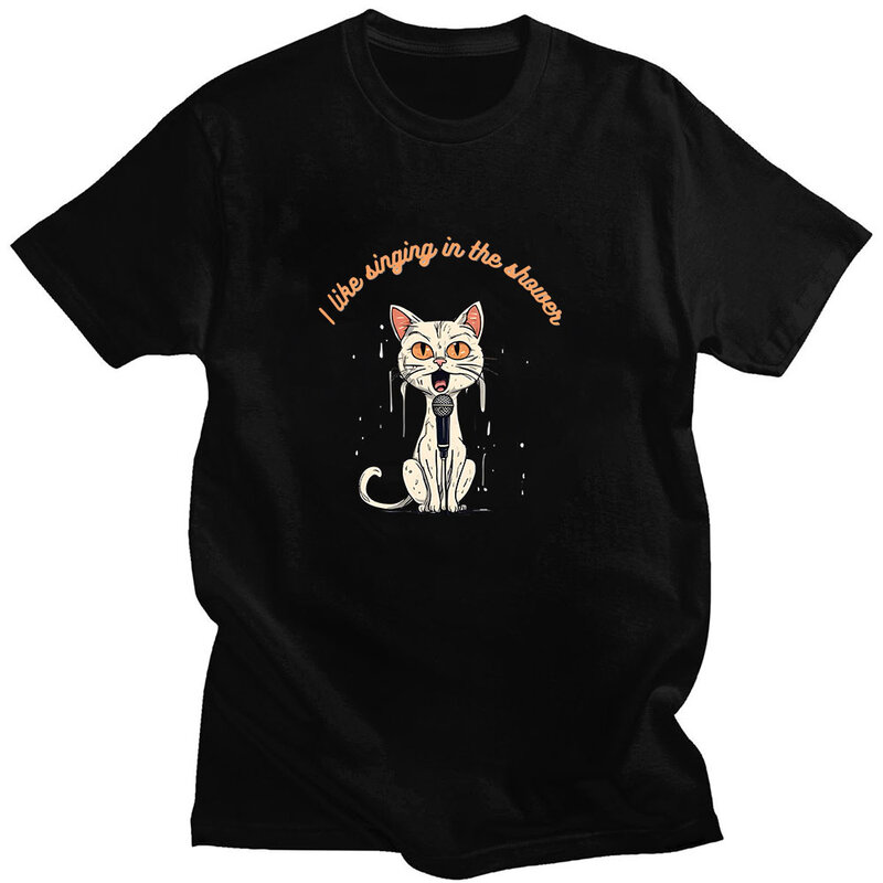 Desenhos animados manga curta com decote em o, camiseta manga estilo coreano, roupas de algodão, banho de gato, primavera verão