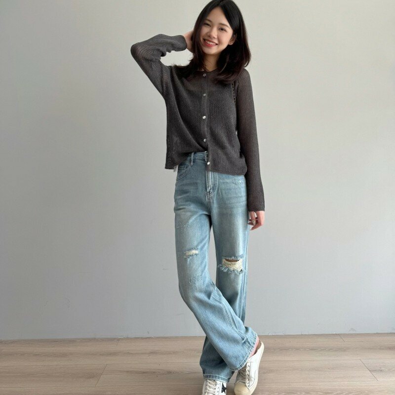 Celana jeans kaki lurus berlubang berwarna cerah untuk wanita dengan desain trendi celana kaki lurus jalanan tinggi Amerika Populer