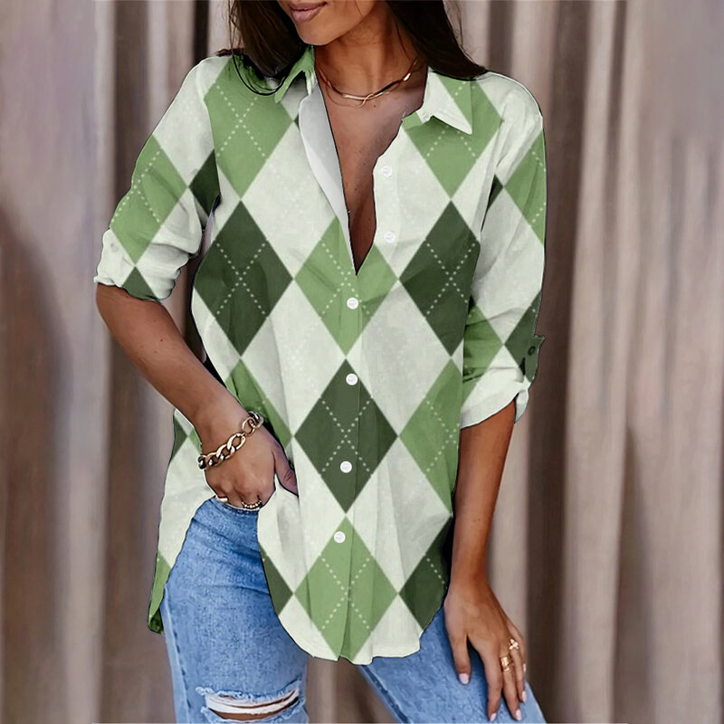 シンプルな幾何学模様のプリントシャツ,女性用,エレガントなボタン,長袖,オフィス用途の広いシャツ,新しいファッション,2024
