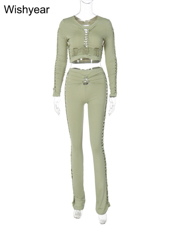 Женский спортивный костюм из двух предметов, укороченный Топ с длинным рукавом и брюки-карандаш с высокой талией, облегающие костюмы с вырезами и завязками для бега, 2023