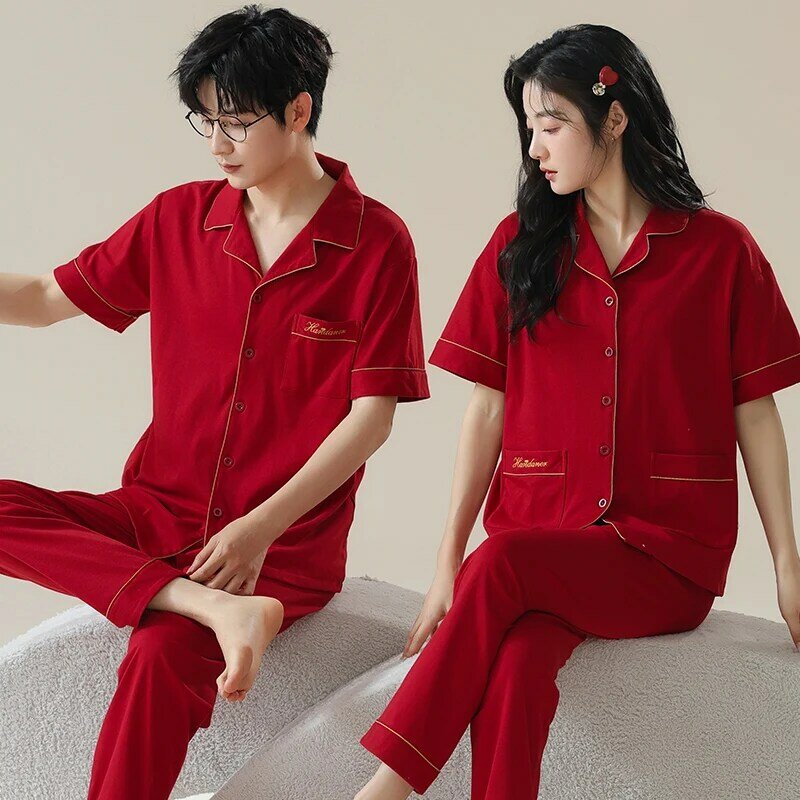 Couple Nightwear Suit Summer Sweet Festive Red Color Short Sleeve Pajamas Modal Cotton Homewear Men Big Yards 4XL Pijamas Hombre
