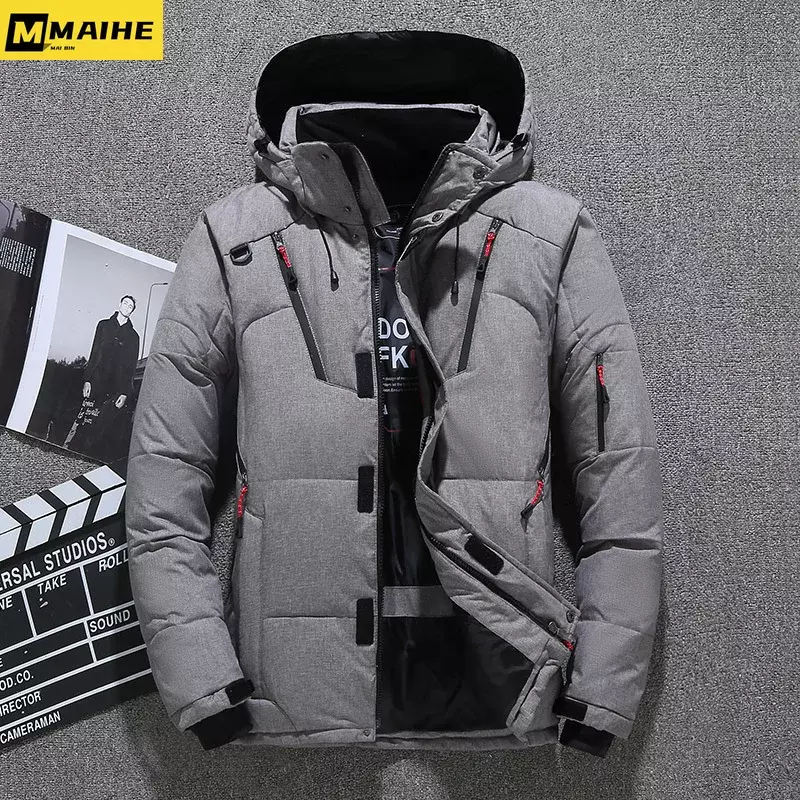 남성용 경량 다운 재킷, 겨울 방풍 두꺼운 화이트 덕 다운 재킷, 후드 레트로 따뜻한 파카, 패션 브랜드