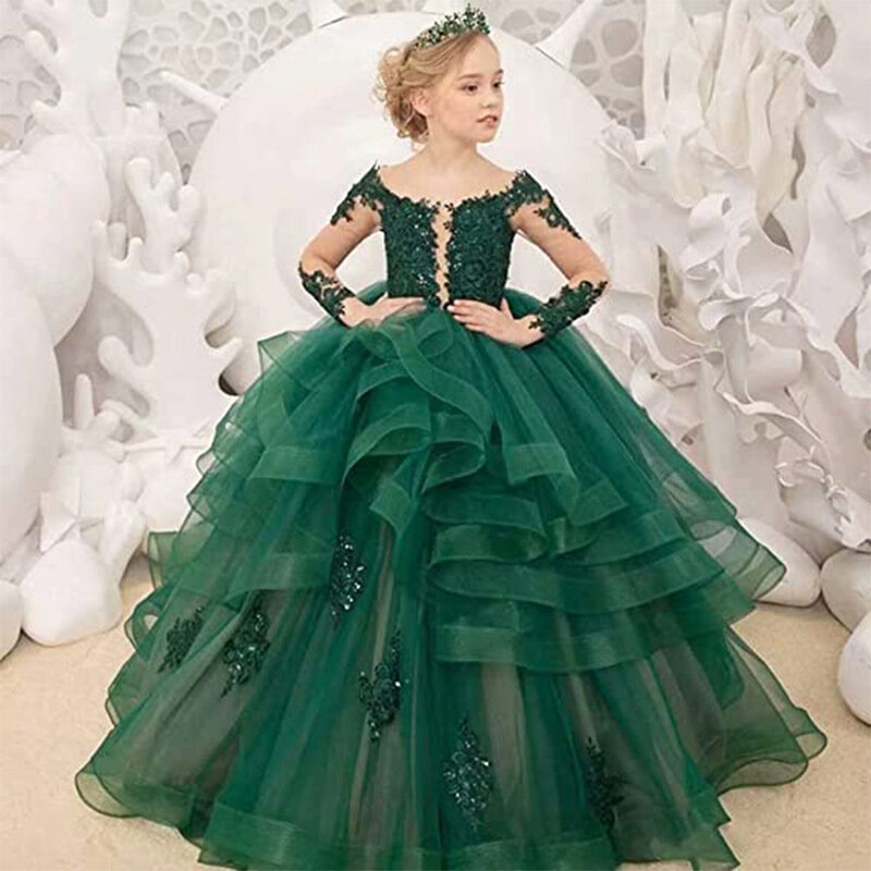 Children's Wedding Dress Girl's Long Sleeved Lace Performance Birthday Fluffy Princess Cake Long Dresses Ball Gown