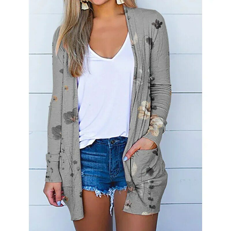 2023 New Women's Casual Loose Solid Colour Printed Sunscreen Clothing smock Ladies's Fashion Commuter Long Sleeve Cardigan Beach