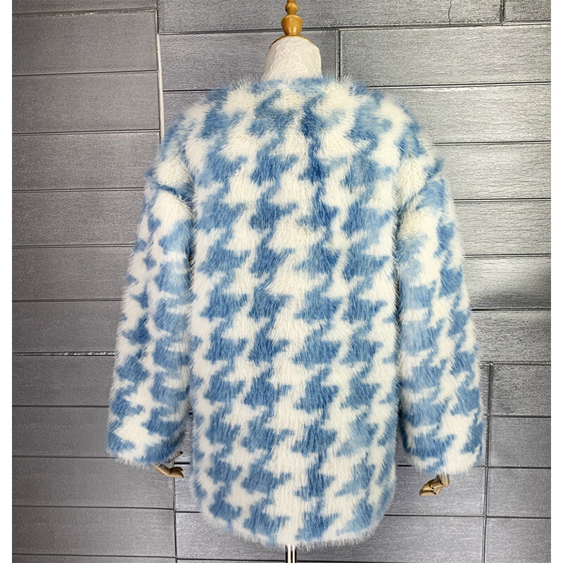 Houndstooth casaco de pele de raposa falsa para mulheres, jaqueta com gola O, manga comprida, outwear peludo, azul e branco, outono e inverno, 2023