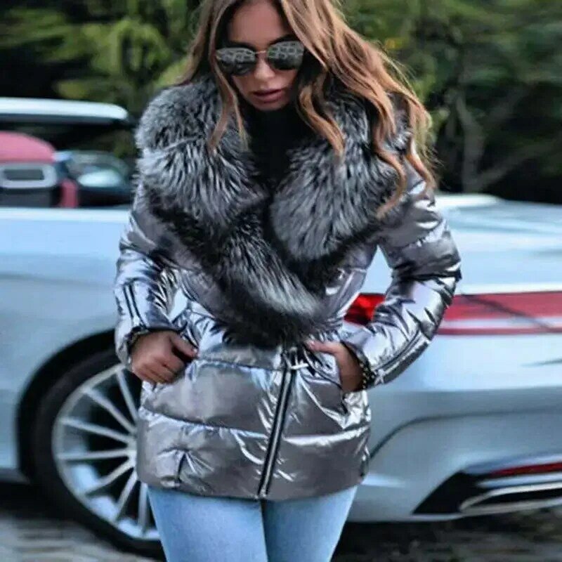 Down Cotton Jacket for Women's Autumn and Winter New Bright Face Large Fur Collar Short Long Sleeved Cotton Jacket