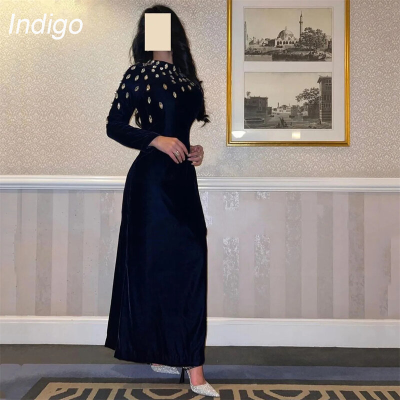 Indigo Prom Dresses 2024  Mermaid Long Sleeve High Collar Ankle-Length Beading Satin Elegant Evening Gowns For Women فساتين الس