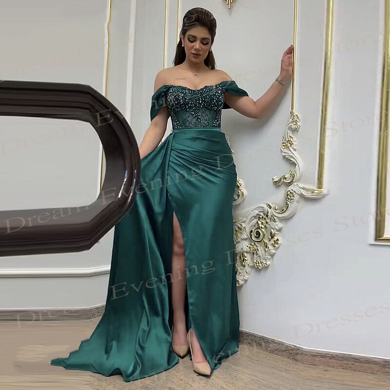 Sexy Modest Green Women's Mermaid Classic Evening Dresses Charming Off The Shoulder Beaded Prom Gowns Split فساتين حفلة موسيقية