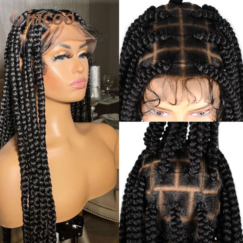 36" Synthetic Full Lace Braided Wigs Big Square Black Braided Wigs With Baby Hair Faux Locs Goddess Box Braids Wig Ombre Hair