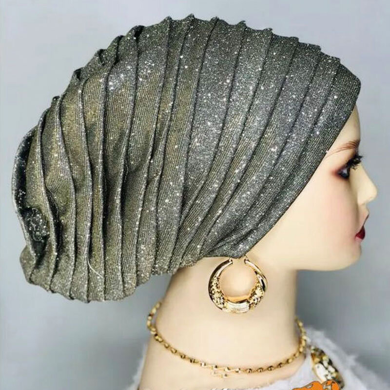 Glitter topi Turban Afrika lipit kepala wanita membungkus kepala pesta Nigeria Headpiece wanita pernikahan Auto Gele Headdress Beanie