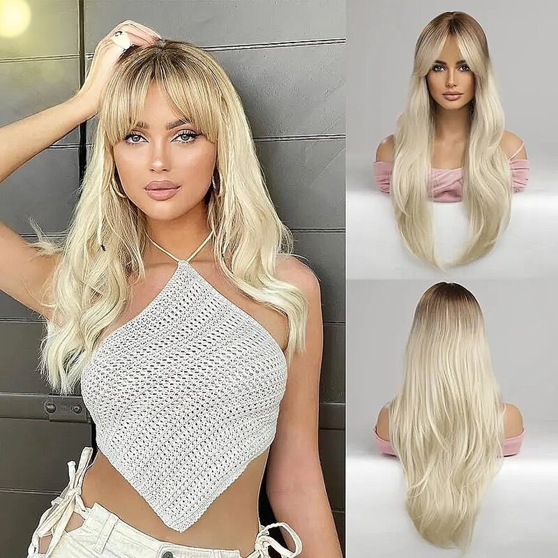 Blonde Wigs for Women Long Ombre Blonde Wavy Wig 26 Inch Synthetic Wigs Natural Looking Heat Resistant Fiber Wig for Daily Use