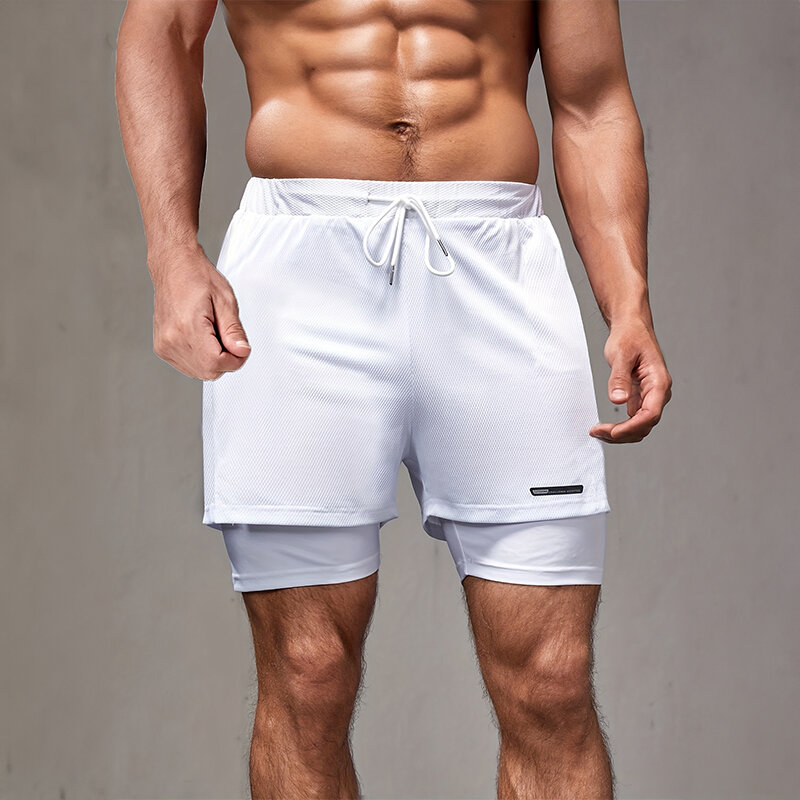 Celana pendek olahraga pria, Bawahan kasual 2 dalam 1 warna polos, lari Fitness cepat kering, bernafas musim panas
