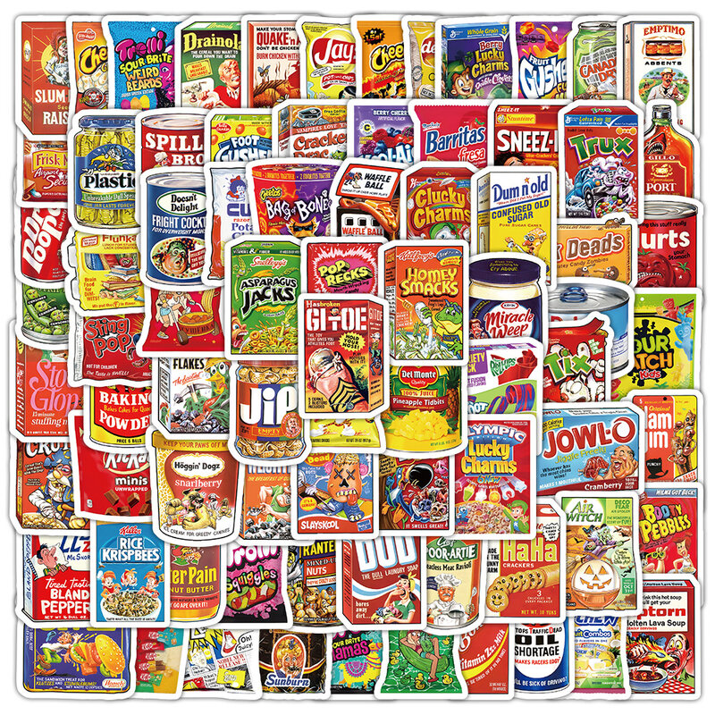Impermeável American Snacks Food Cartoon Adesivos, Decalques de Graffiti para Bagagem, Laptop, Telefone, Guitarra, Bicicleta, Carro, 50 Pcs, 100Pcs