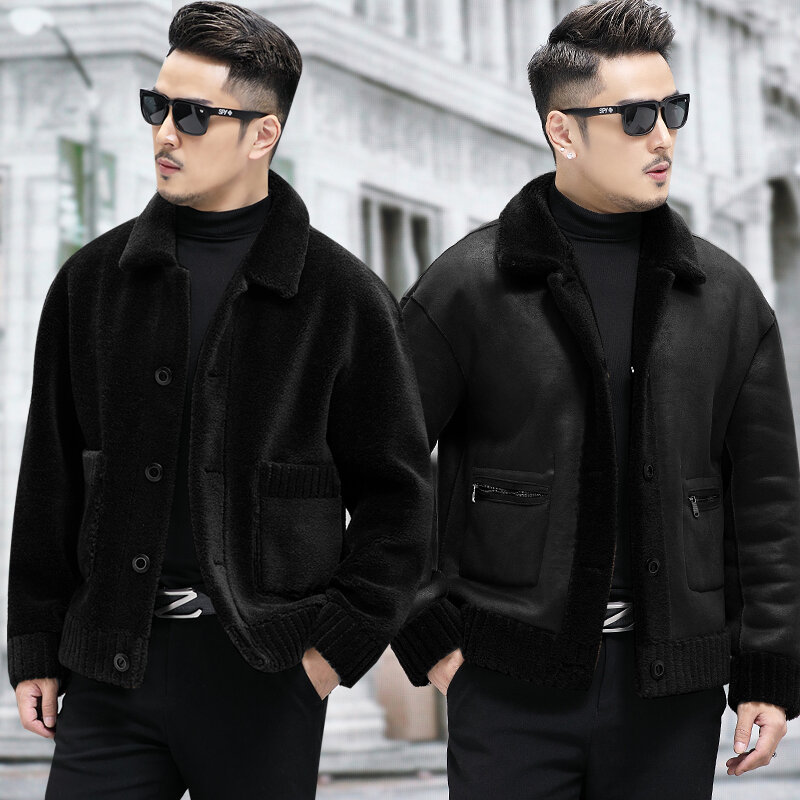メンズ両面リアルラムファーショートオーバーコート、男性厚手の暖かいジャケット、ファッションウェア、冬、2023、p516