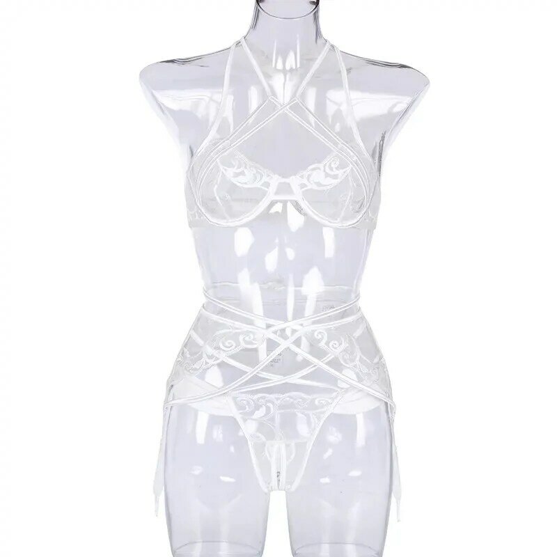 Jance z przekrzywionym szkieletem haftowana koronkowa pusta wisząca szyja ze stalowym pierścieniem zebrana bielizna erotyczna 3 zestawy modelek