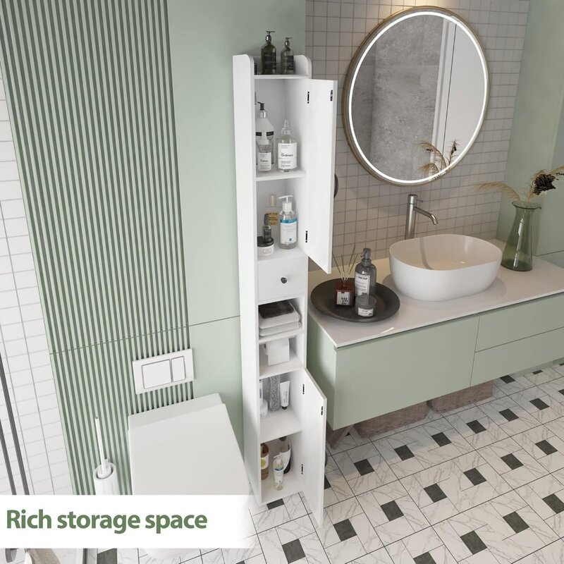 Badezimmers chrank mit 2 Milchglas türen, hoher schmaler Schrank mit verstellbaren Türen und Regalen, 8 Ablage fächer