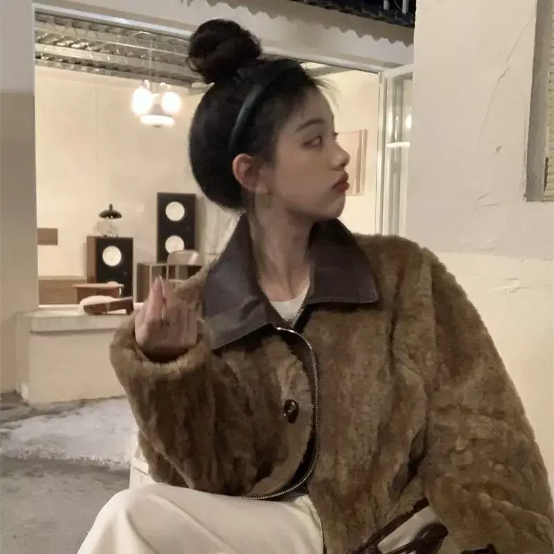Women's Winter Brown Cotton Coat with A Plush Coat, Thickened and High-end Sense of Fur and Fur, Y2K Small Fragrance Faux