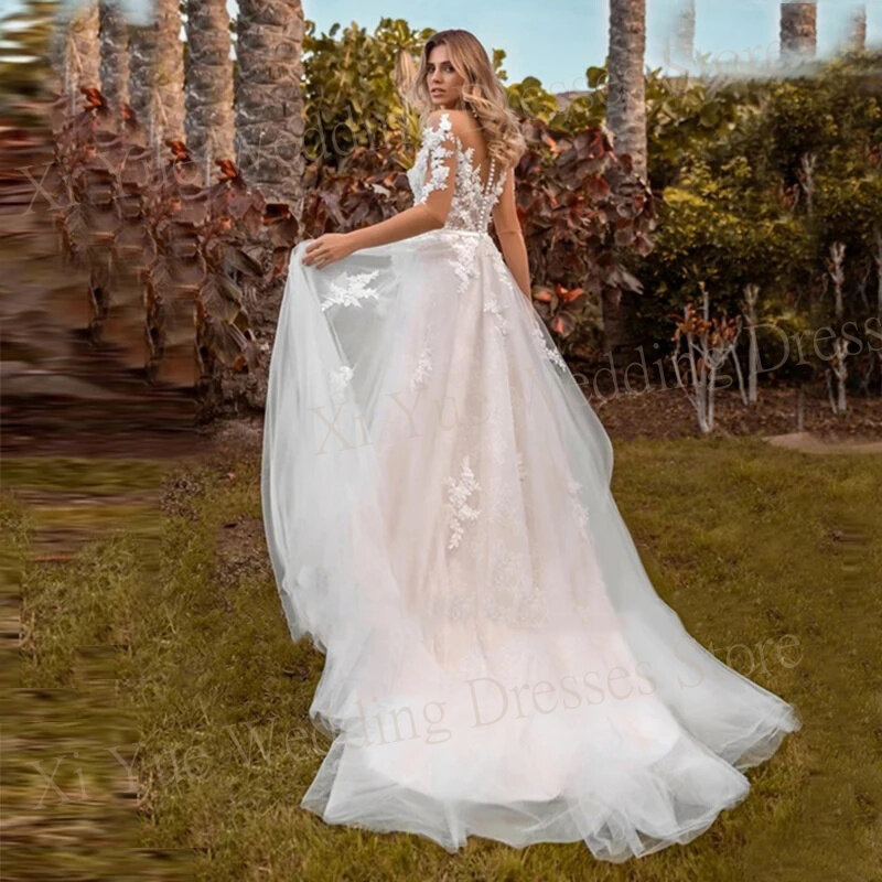 Robes de mariée en dentelle à col rond pour femmes, appliques demi-manches, quel que soit le bouton, robe de mariée en tulle, ligne A moderne et élégante, 2024