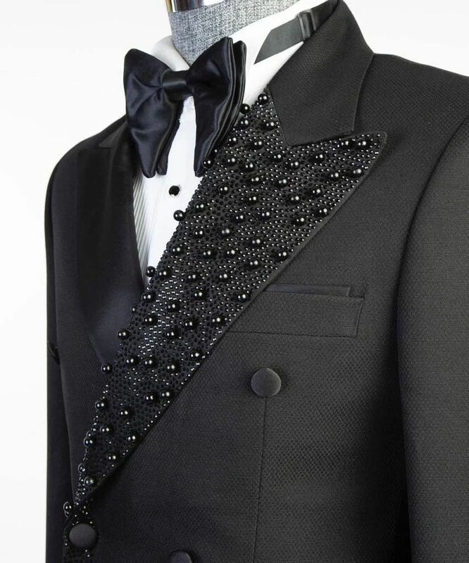 Czarny zestaw garnitury męskie 2-częściowy blezer + spodnie luksusowy kryształ pana młodego z koralikami smoking ślubny płaszcz dwurzędowy na zamówienie