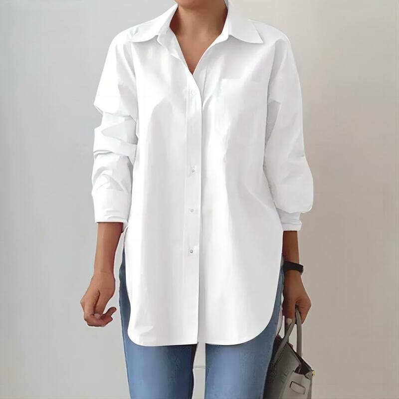 Spring Top Stylish Women's Spring Shirt with Turn-down Collar Long Sleeve Irregular Hem for Casual or Office Wear Women Long