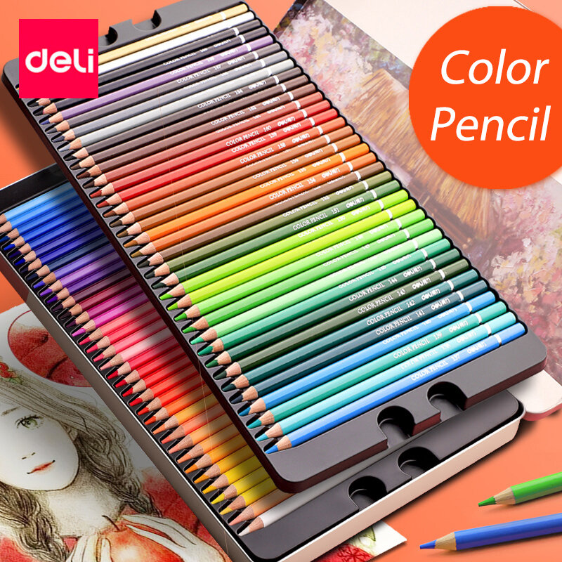 Crayon de couleur en bois et boîte en fer, stylo de remplissage avancé pour graffiti, fournitures scolaires de peinture à huile Deli et croquis, 24, 36, 48, 72 couleurs,