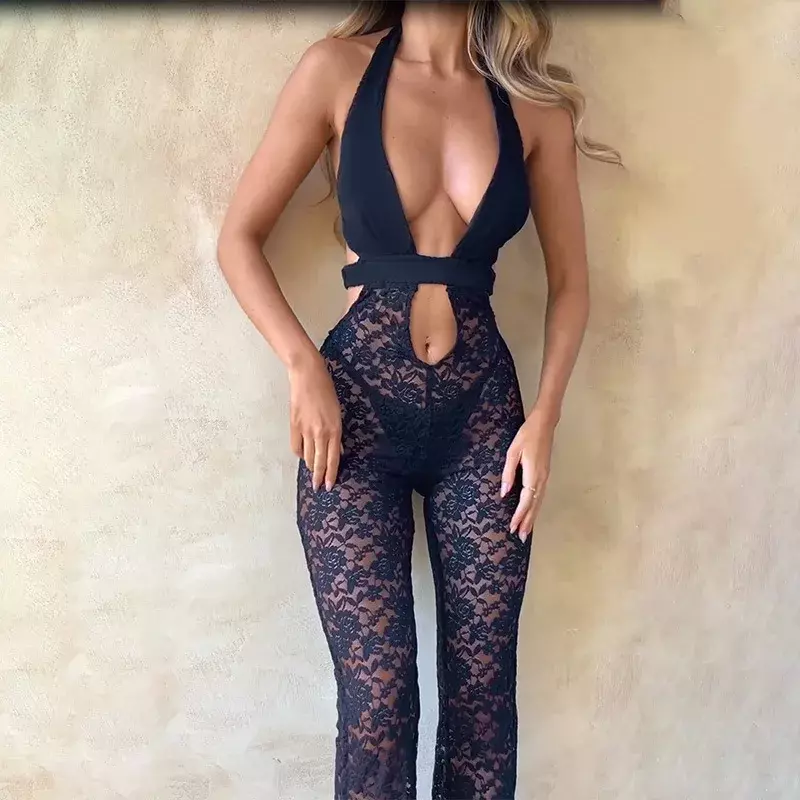 Black Lace Sheer Jump Suits for Women Halter Sleeveless Slim Bodysuit Backless Flare Pants Sexy Long Rompers Coquette Jumpsuit