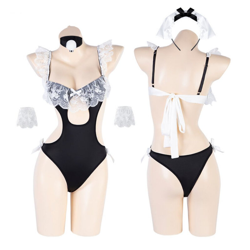 Cosplay Maid Costumes Jumpsuit Lace Hollow Sexy Lingerie Porno Bodysuit Erotic Roleplay Servant Outfit Kawaii Underwear Women's