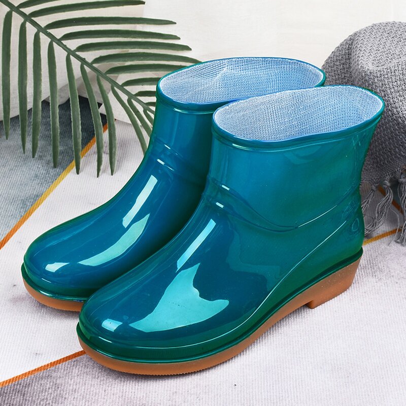 Sepatu Bot Wanita Tahan Air Sepatu Bot Wanita Hak Rendah Gesper Ujung Kaki Tengah Sepatu Bot Hujan Bundar Sepatu Hujan Wanita Lebar Lebar