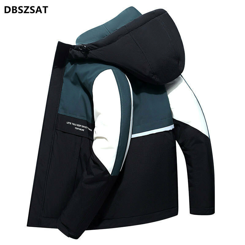 Jaket Down Pria, mantel jaket berkerudung versi Korea warna kontras modis musim dingin 2023