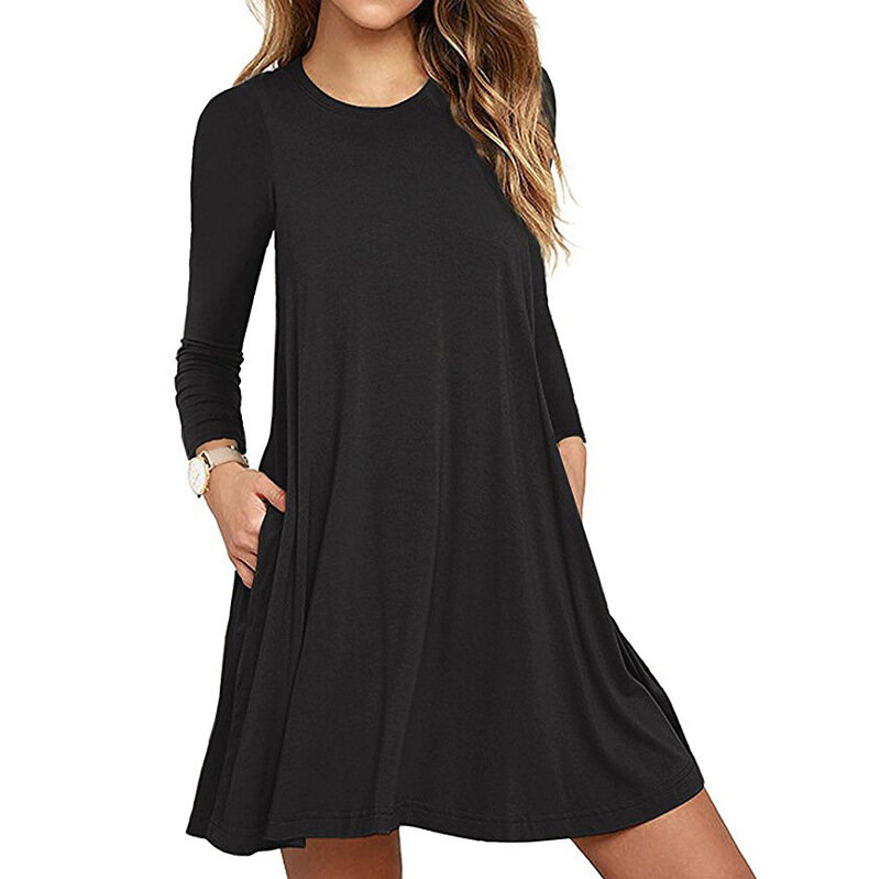 Womens Autumn Long Sleeve Round Neck Plain T-Shirt Dress Solid Color Pleated Swing Casual Loose Pullover Streetwear with Pockets