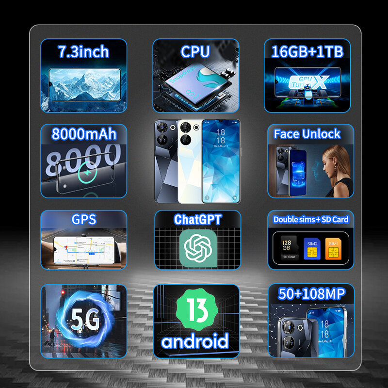 SDカード付きのオリジナルのスマートフォン、グローバルバージョンの電話、顔のロック解除、5g、7.3インチのディスプレイ、16GB、1テラバイト、8000mah、50 108、デュアルSIM、c20 Pro