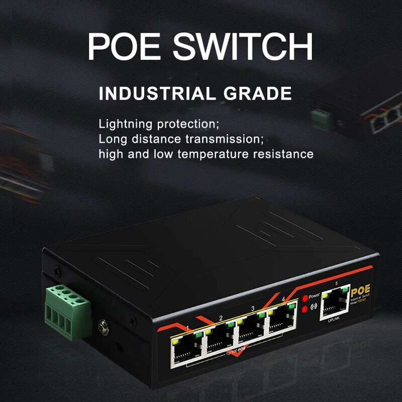 5 porty przełącznik POE 10/100Mbps klasy przemysłowej szybki przełącznik ethernetowy na szynę DIN typu przełącznik sieciowy