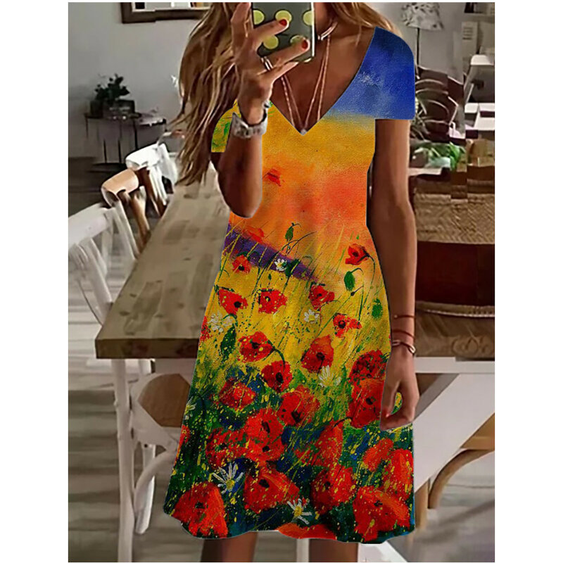 Gaun lengan pendek kasual jalanan Wanita gaun Midi gambar cetak 3D perempuan muda musim panas Y2K Vestidos Verano