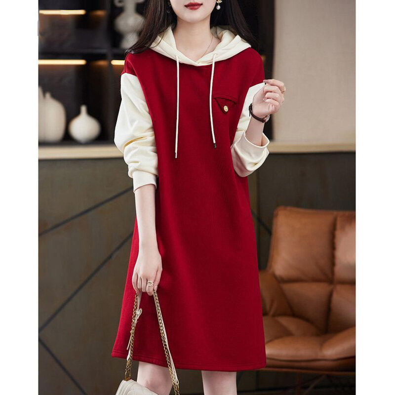 Moda con capucha empalmado suelto falso dos piezas vestidos casuales ropa femenina 2023 otoño nuevas grandes mini vestido coreano