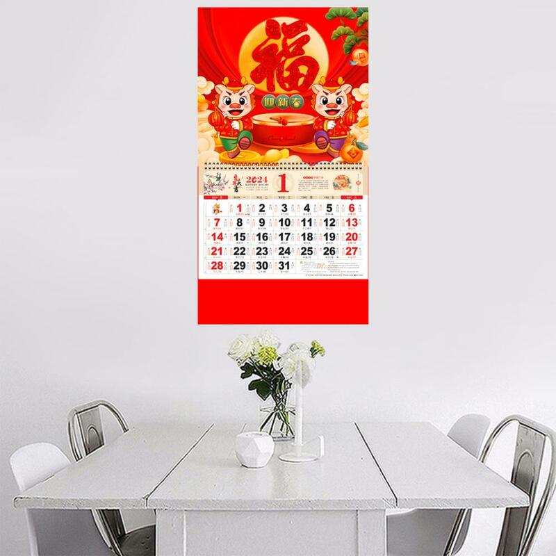 Calendario de pared tradicional con diseño de papel de aluminio dorado, calendario mensual, año del Dragón, Año Nuevo chino tradicional, 2024