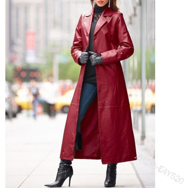 2023 New European and American Fashion Trend Women's Button Leather Coat Extended Coat Slim Fit Large Leather Windbreaker