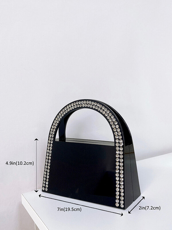 Bolso de mano con caja acrílica de diamantes de imitación para mujer, bolsa de Mano Negra con asa media redonda, diseñador de lujo para fiesta de boda