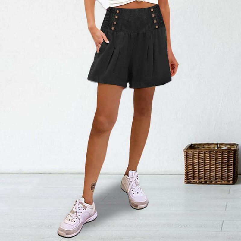 Sommer Damen Shorts mit hoher elastischer Taille, plissierten Knöpfen, A-Linie einfarbige Casual Holiday Beach Sports Shorts